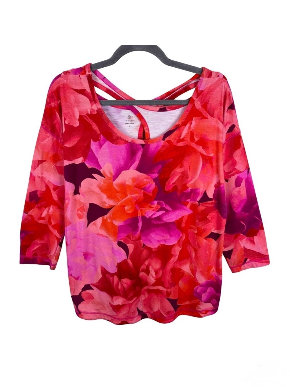 T by Talbots Pink Floral 3/4 Sleeve Activewear Top Strappy Back Large VN5297